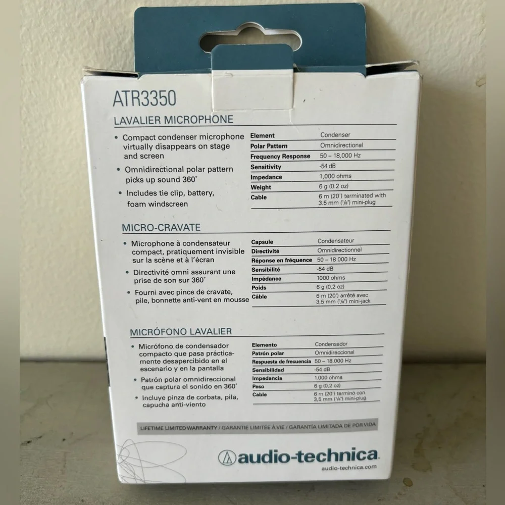 Audio-Technica ATR3350 Condenser Lavalier Microphone Wired 3.5mm New in Box